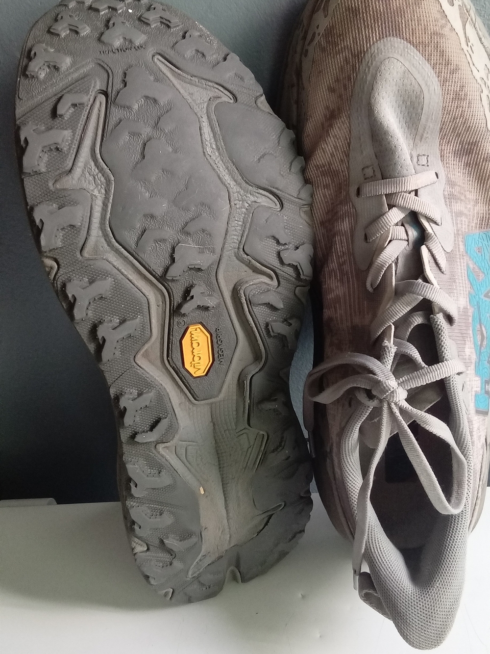 Hoka Zinal Trail Running Shoes Taupe Blue Vibram Megagrip Mens Sneakers - Picture 8 of 10